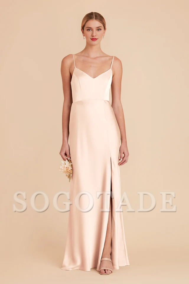 Thin shoulder strap V-neck satin full lining and floor length bridesmaid dress
