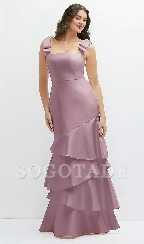 Asymmetric layered skirt with bow shoulder satin Prom dress
