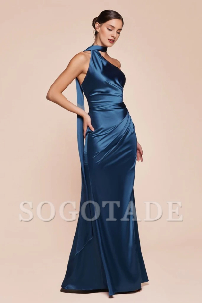 Luxury satin slim fit and floor length gown evening dresses on one shoulder