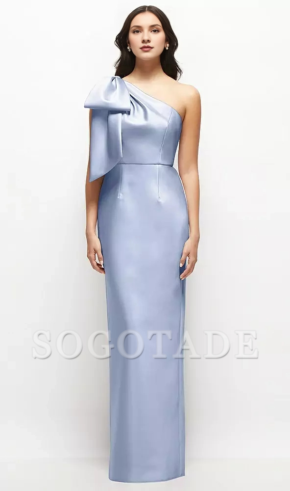 One shoulder bow satin long bridesmaid dress
