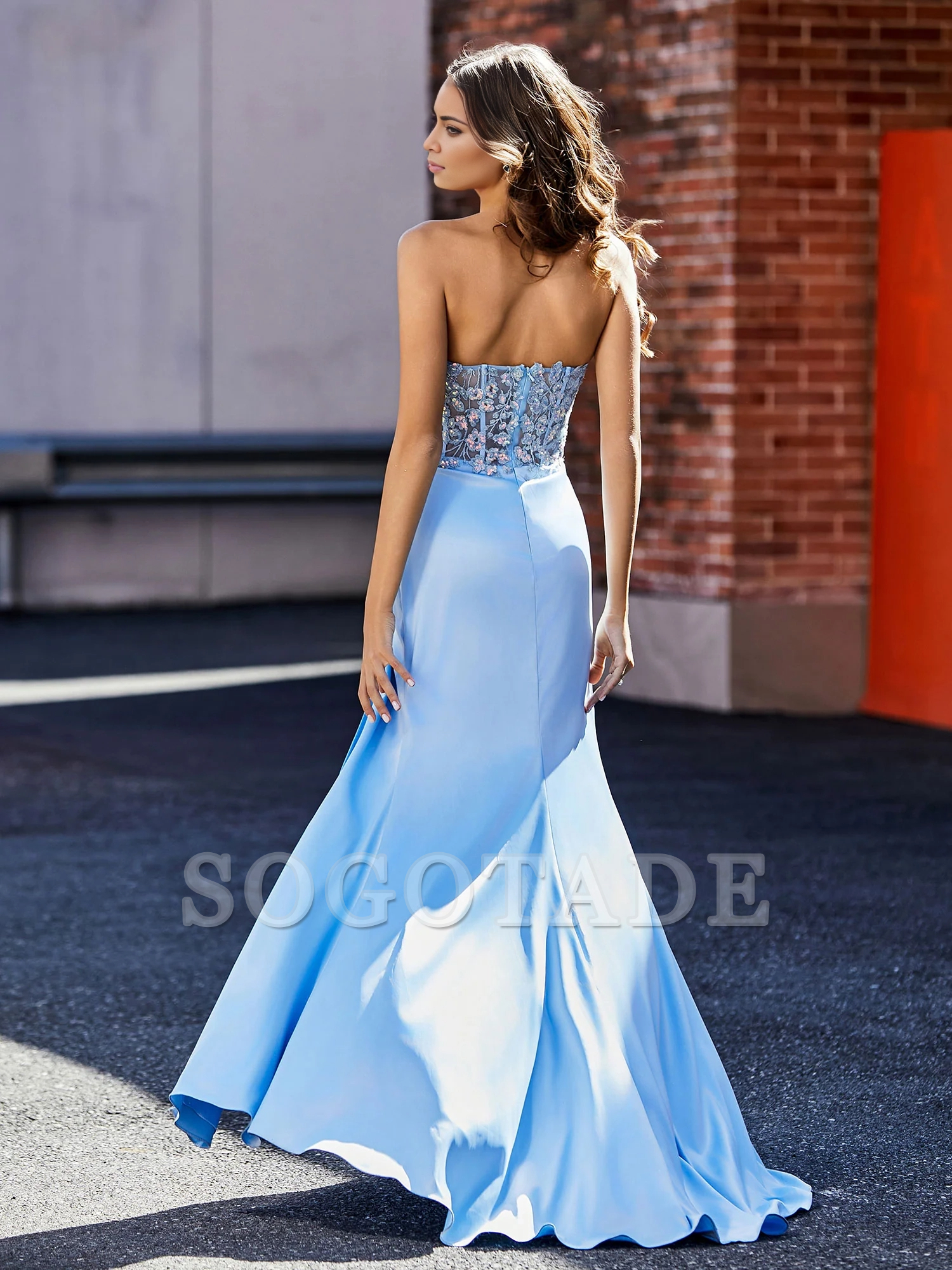 High slit strapless tight satin Prom dress