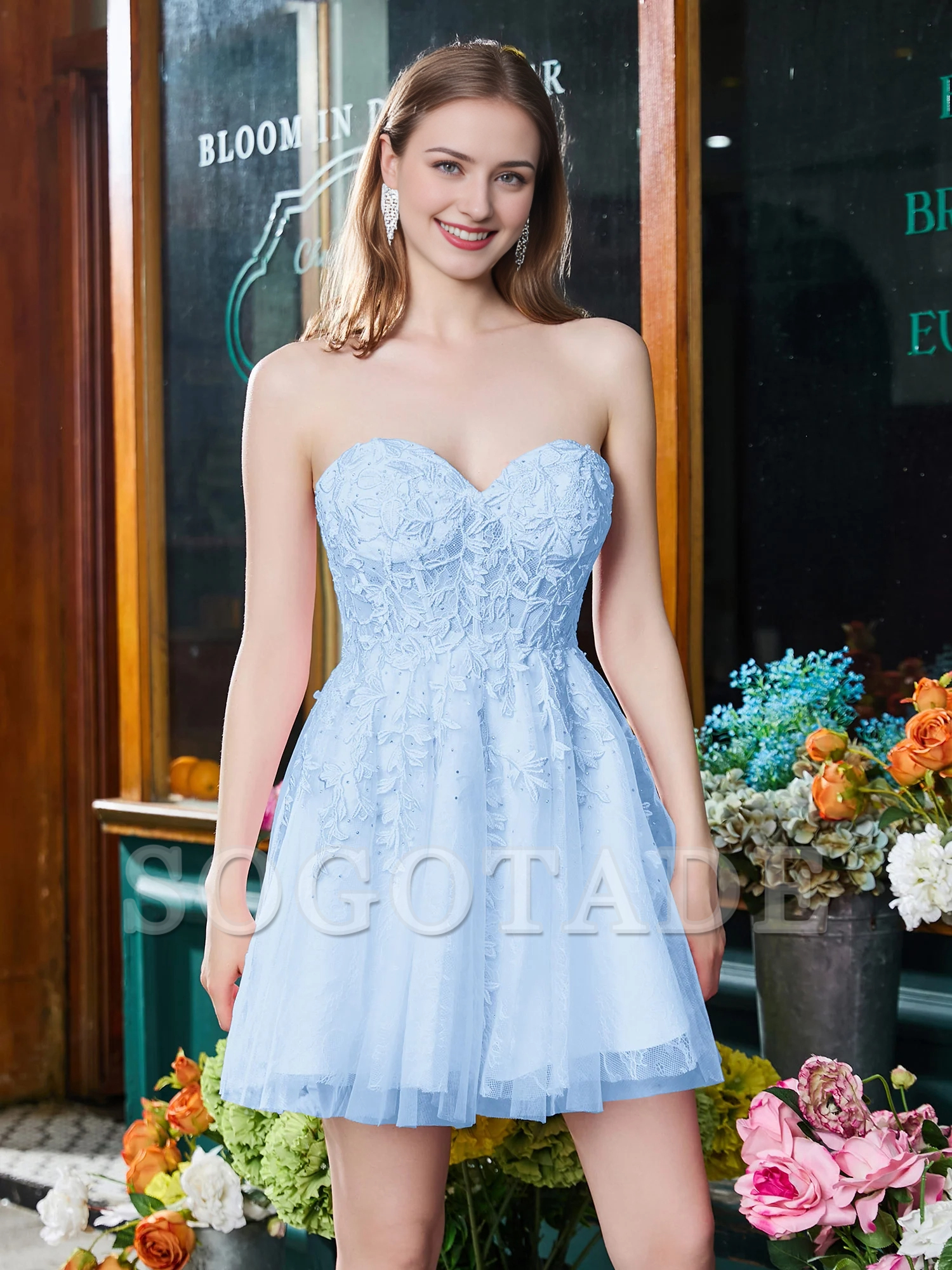 Sweetheart strapless decal strap A-line mini Homecoming dress