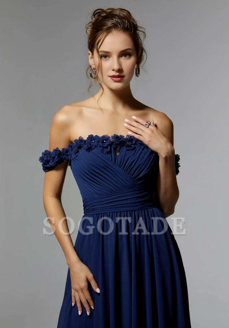 Chiffon off shoulder asymmetrical pleated tight corset with straight neckline and evening dress