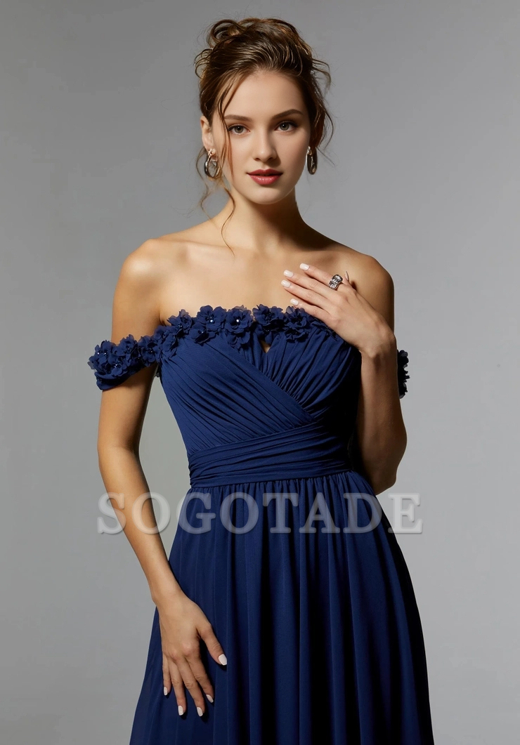Chiffon off shoulder asymmetrical pleated tight corset with straight neckline and evening dress