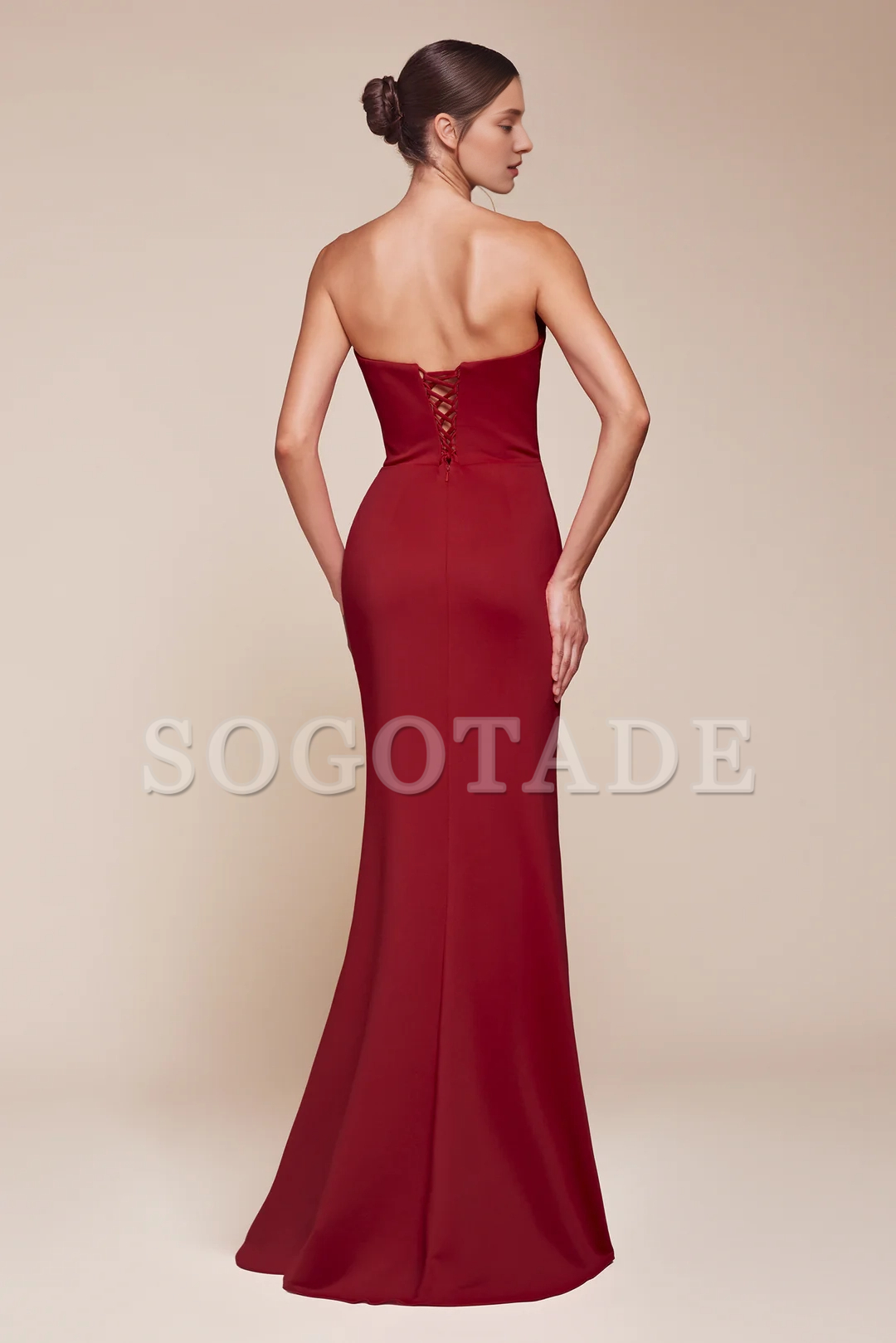 Fitted slit skirt chiffon long strapless dress