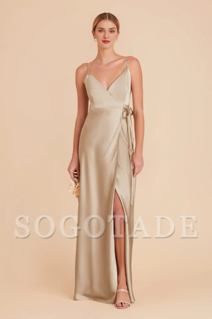 V-neck thin shoulder strap wrapped chiffon bridesmaid dress