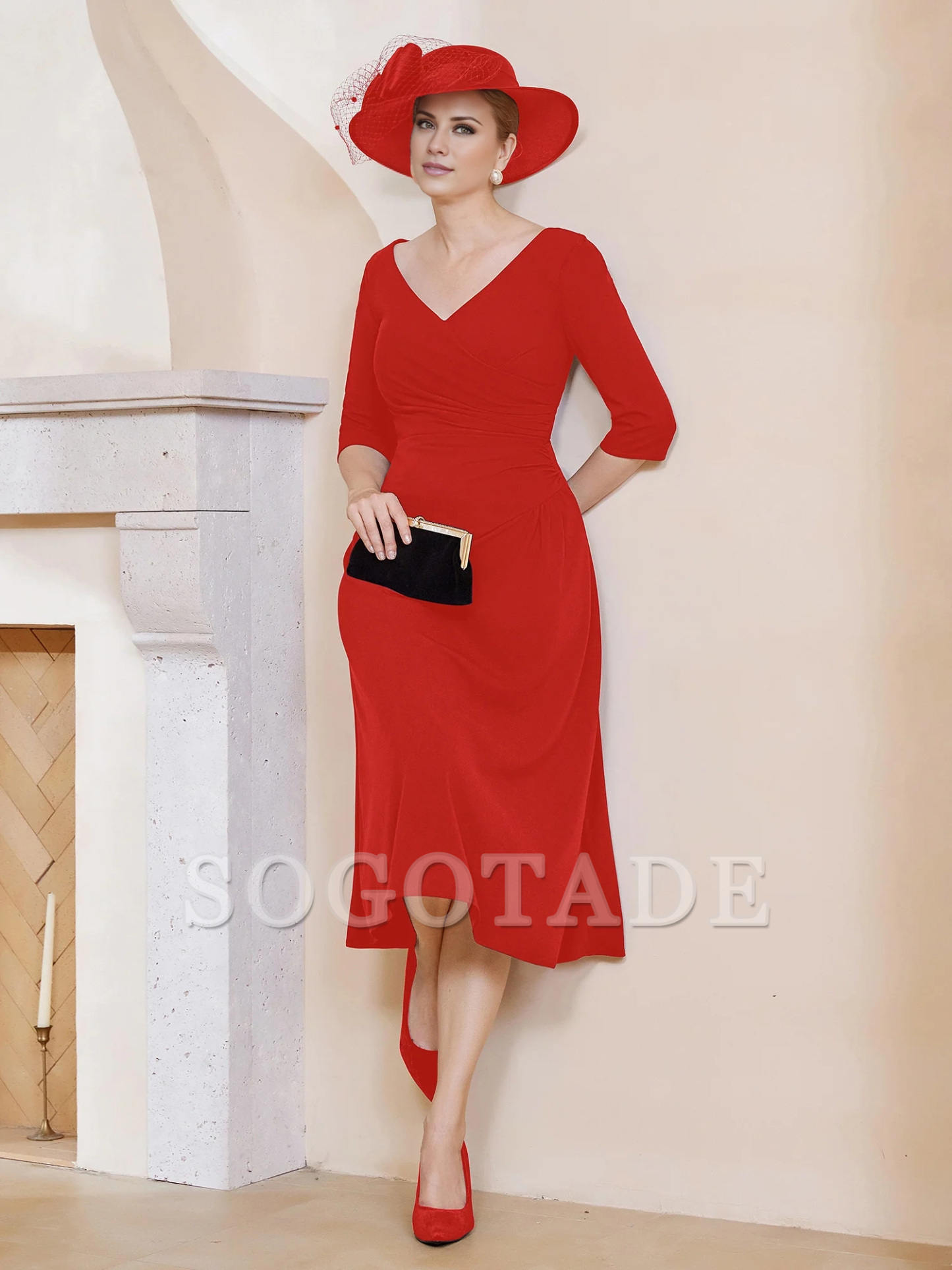 V-neck pleated A-line mother of the bride dress