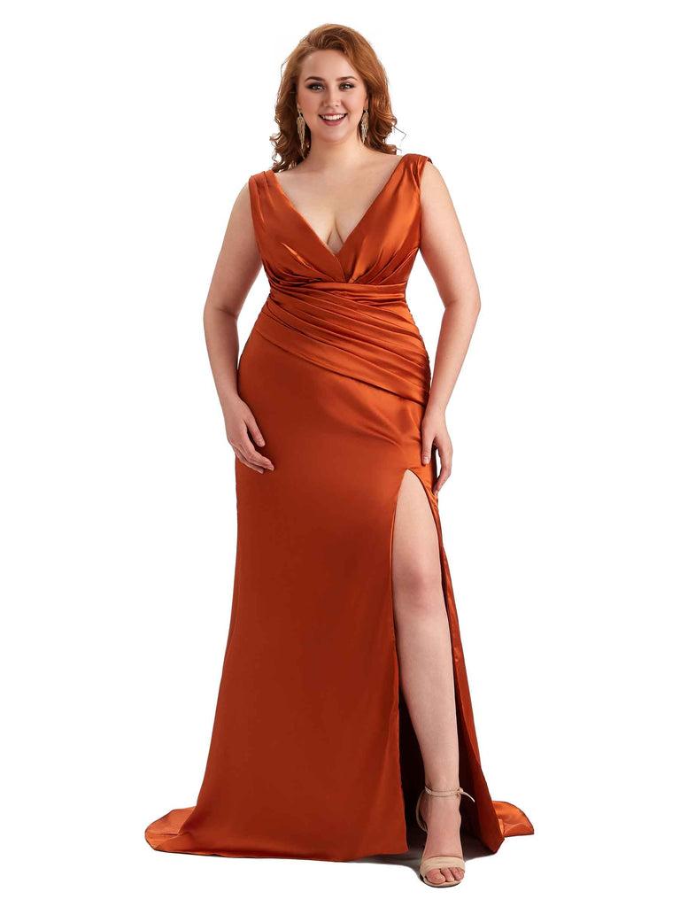 Elegant V-neck Side Slit Mermaid Soft Satin Long Plus Size Bridesmaid Dress For Wedding