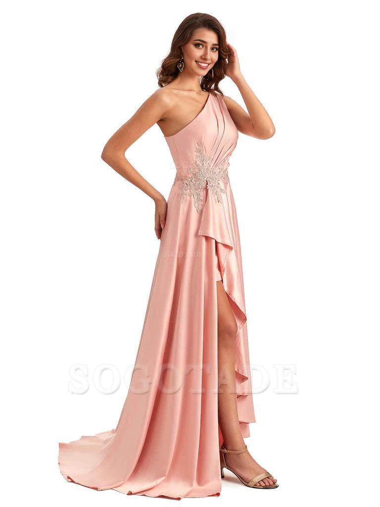 Sexy One Shoulder A-Line High Low Silky Satin Lace Long Formal Wedding Guest Dresses