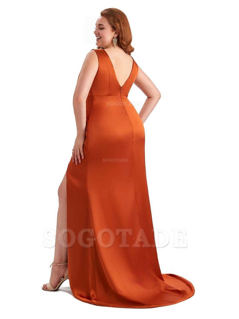 Elegant V-neck Side Slit Mermaid Soft Satin Long Plus Size Bridesmaid Dress For Wedding