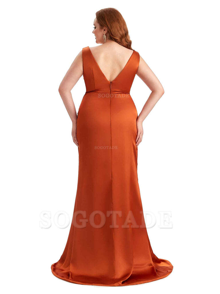 Elegant V-neck Side Slit Mermaid Soft Satin Long Plus Size Bridesmaid Dress For Wedding