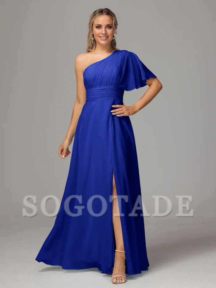 Asymmetric collar single sleeve pleated chiffon side slit and floor length bridesmaid dress