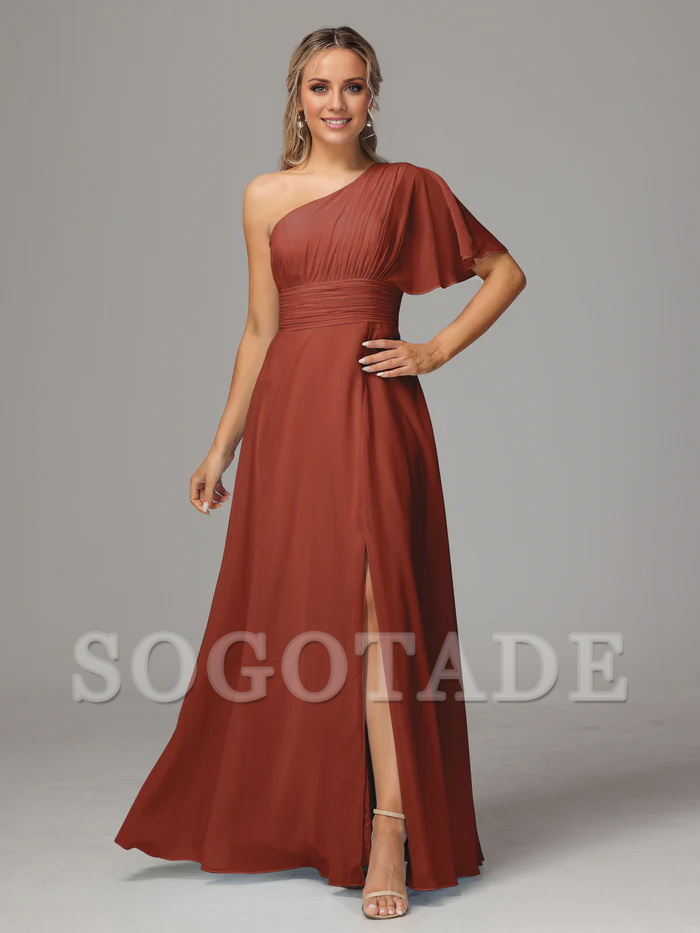 Asymmetric collar single sleeve pleated chiffon side slit and floor length bridesmaid dress