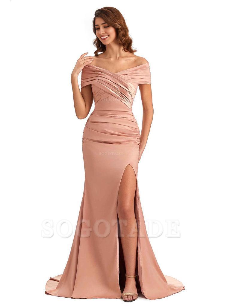 Sexy Off The Shoulder Side Slit Mermaid Satin Unique Long Formal Wedding Guest Dresses