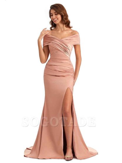 Sexy Off The Shoulder Side Slit Mermaid Satin Unique Long Formal Wedding Guest Dresses