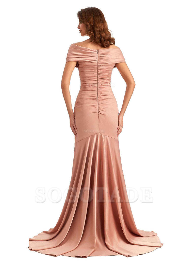 Sexy Off The Shoulder Side Slit Mermaid Satin Unique Long Formal Wedding Guest Dresses