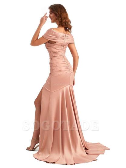 Sexy Off The Shoulder Side Slit Mermaid Satin Unique Long Formal Wedding Guest Dresses