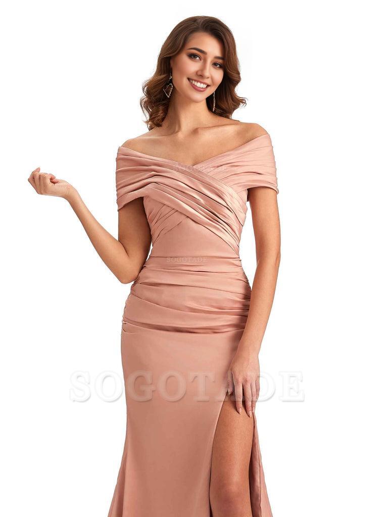 Sexy Off The Shoulder Side Slit Mermaid Satin Unique Long Formal Wedding Guest Dresses