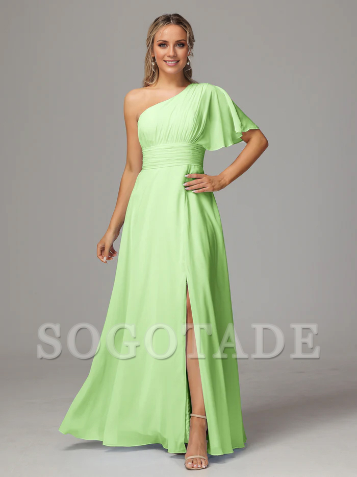 Asymmetric collar single sleeve pleated chiffon side slit and floor length bridesmaid dress