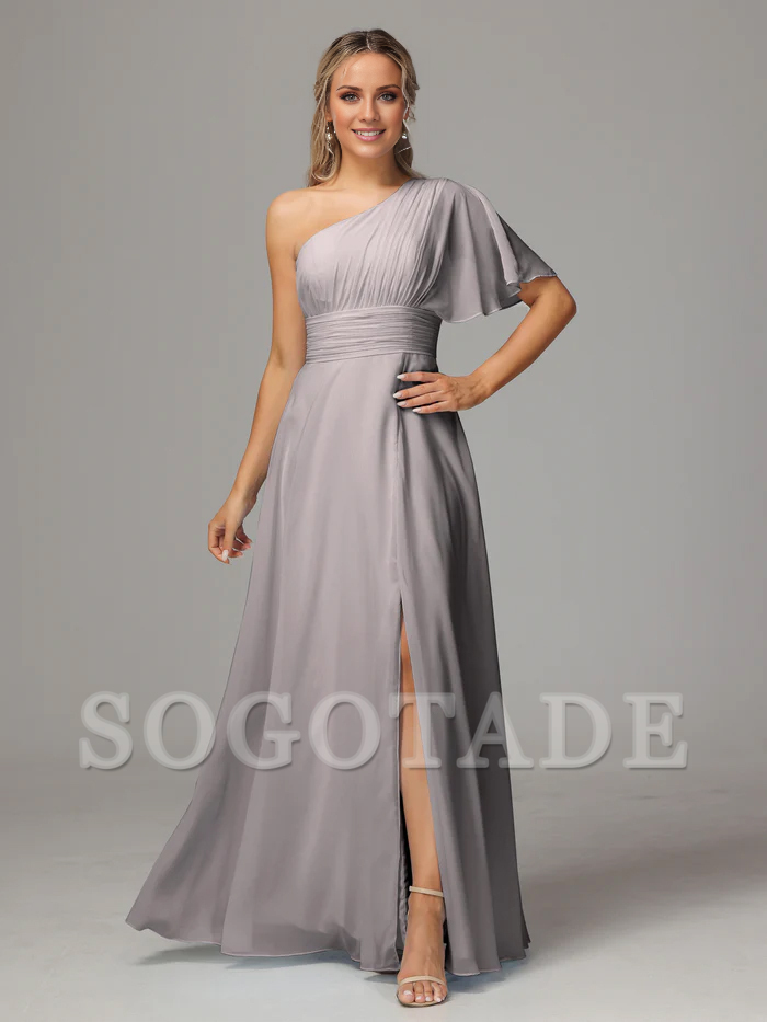 Asymmetric collar single sleeve pleated chiffon side slit and floor length bridesmaid dress