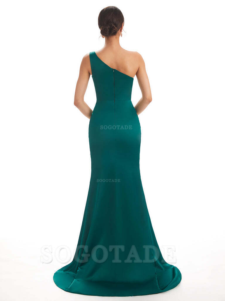 Sexy Soft Satin Side Slit One Shoulder Long Mermaid Bridesmaid Dresses Online prom shop dresses ﻿
