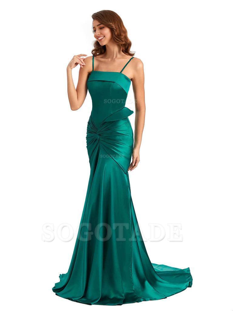 Sexy Mermaid Spaghetti Straps Silky Satin Unique Long Bridesmaid Dress For Wedding