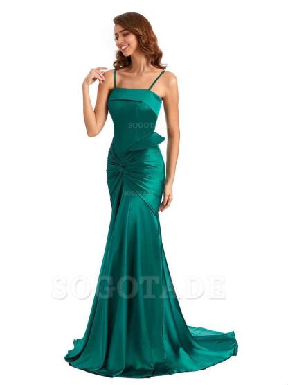 Sexy Mermaid Spaghetti Straps Silky Satin Unique Long Bridesmaid Dress For Wedding