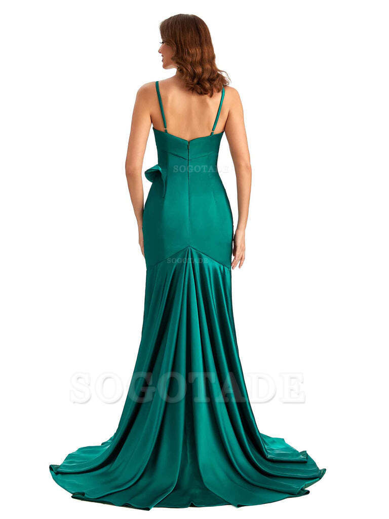 Sexy Mermaid Spaghetti Straps Silky Satin Unique Long Bridesmaid Dress For Wedding