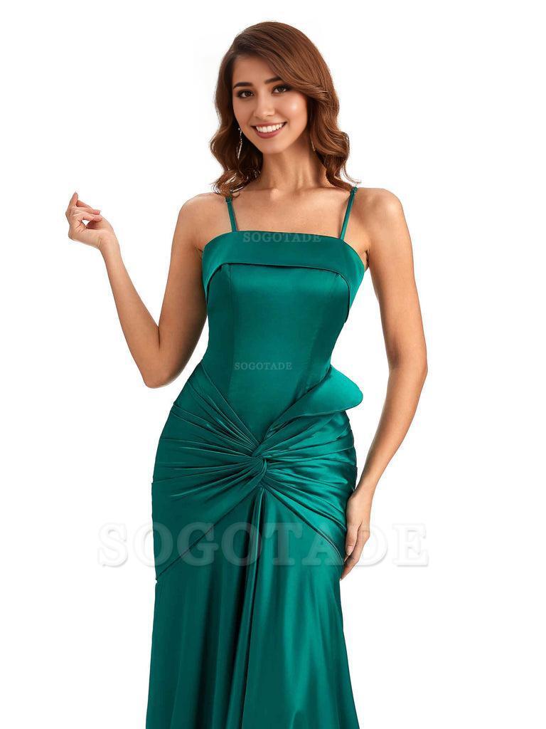 Sexy Mermaid Spaghetti Straps Silky Satin Unique Long Bridesmaid Dress For Wedding