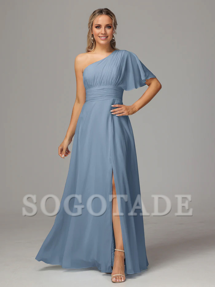 Asymmetric collar single sleeve pleated chiffon side slit and floor length bridesmaid dress