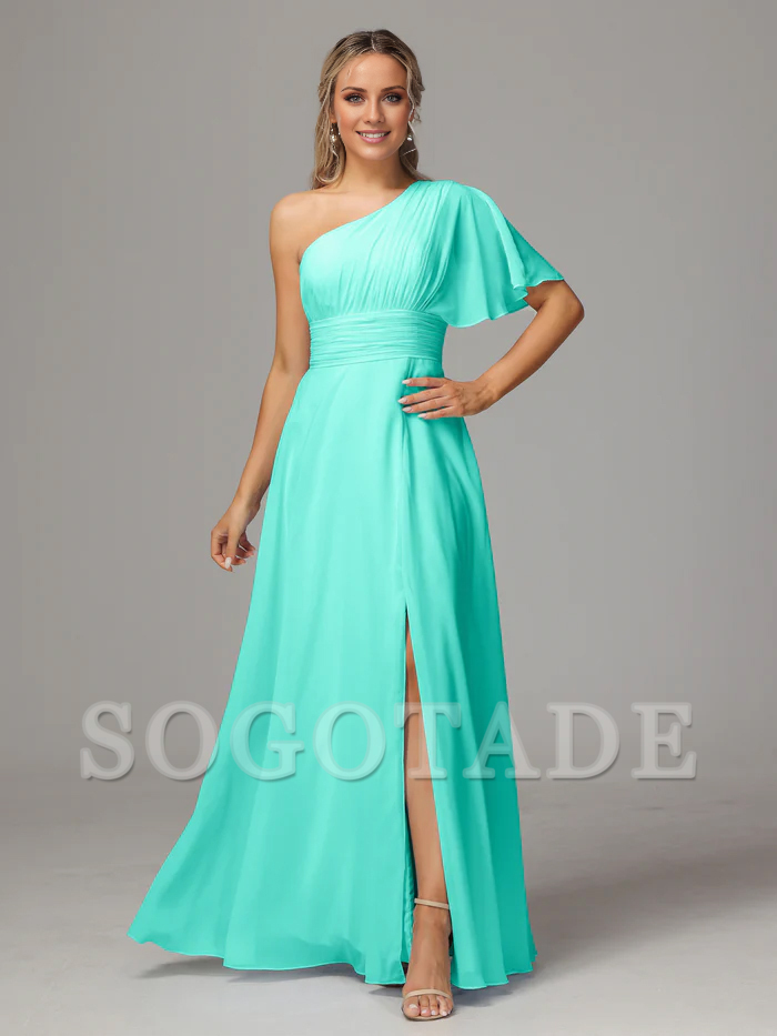 Asymmetric collar single sleeve pleated chiffon side slit and floor length bridesmaid dress