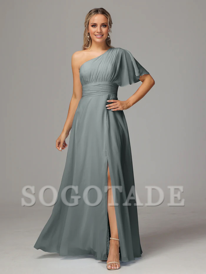 Asymmetric collar single sleeve pleated chiffon side slit and floor length bridesmaid dress