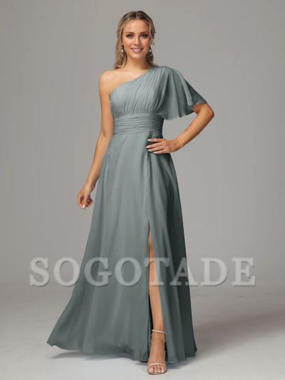 Asymmetric collar single sleeve pleated chiffon side slit and floor length bridesmaid dress