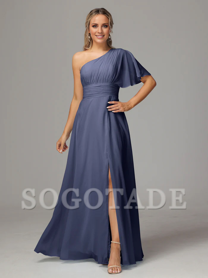 Asymmetric collar single sleeve pleated chiffon side slit and floor length bridesmaid dress