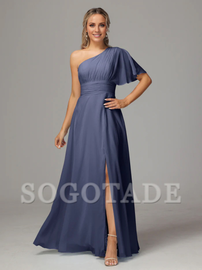 Asymmetric collar single sleeve pleated chiffon side slit and floor length bridesmaid dress
