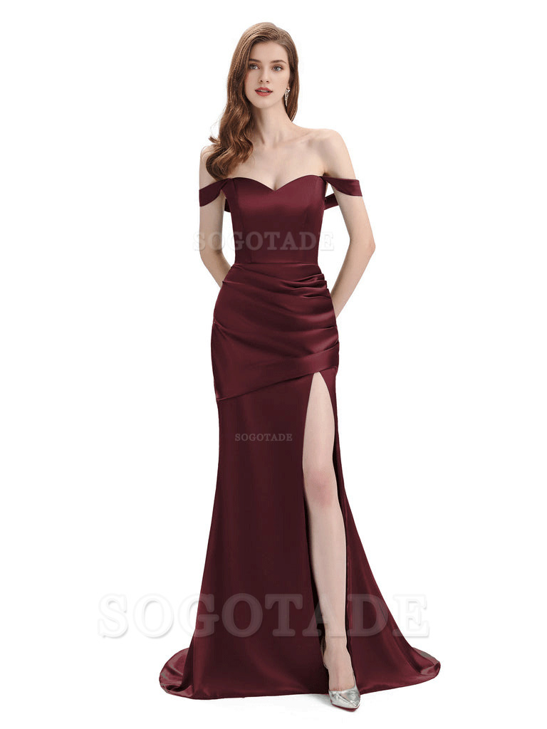 Sexy Soft Satin Side Hight Slit Off The Shoulder Floor-Length Mermaid Bridesmaid Dresses