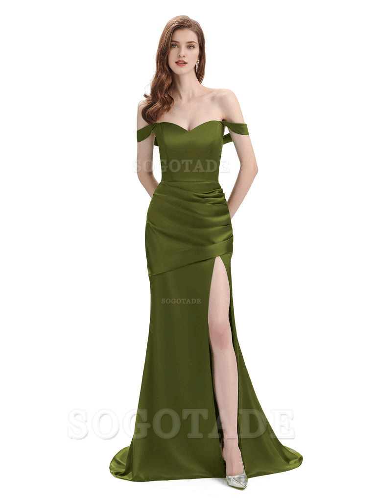 Sexy Soft Satin Side Hight Slit Off The Shoulder Floor-Length Mermaid Bridesmaid Dresses