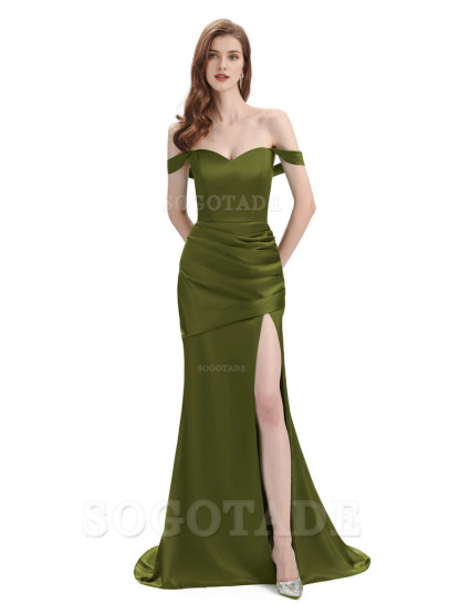 Sexy Soft Satin Side Hight Slit Off The Shoulder Floor-Length Mermaid Bridesmaid Dresses