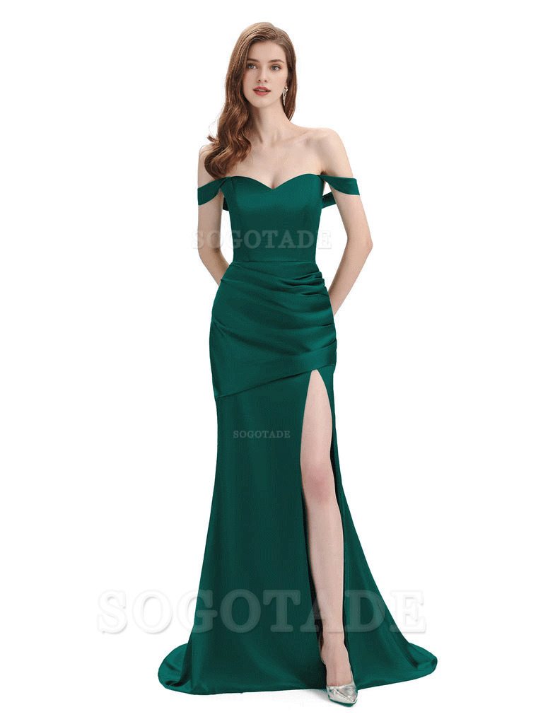 Sexy Soft Satin Side Hight Slit Off The Shoulder Floor-Length Mermaid Bridesmaid Dresses