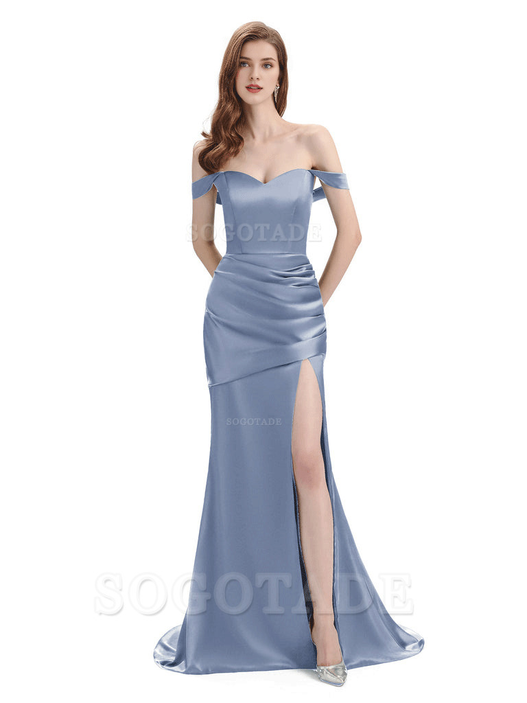 Sexy Soft Satin Side Hight Slit Off The Shoulder Floor-Length Mermaid Bridesmaid Dresses