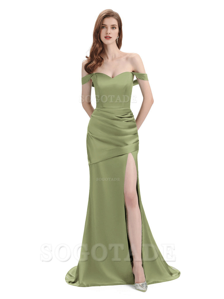 Sexy Soft Satin Side Hight Slit Off The Shoulder Floor-Length Mermaid Bridesmaid Dresses
