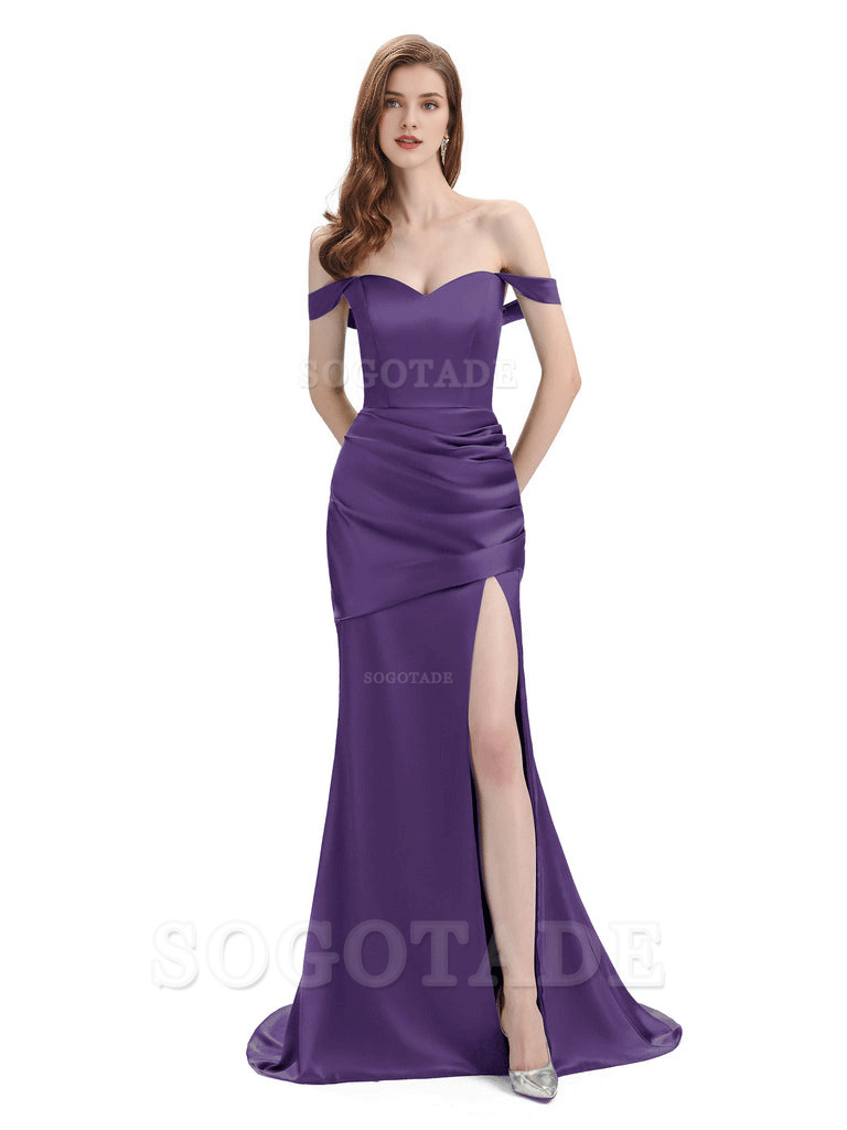 Sexy Soft Satin Side Hight Slit Off The Shoulder Floor-Length Mermaid Bridesmaid Dresses