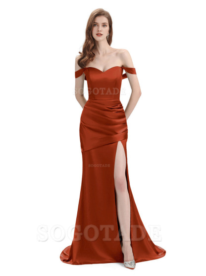 Sexy Soft Satin Side Hight Slit Off The Shoulder Floor-Length Mermaid Bridesmaid Dresses
