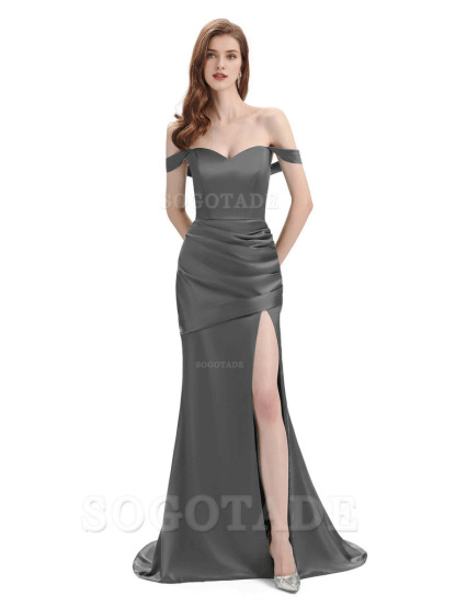 Sexy Soft Satin Side Hight Slit Off The Shoulder Floor-Length Mermaid Bridesmaid Dresses