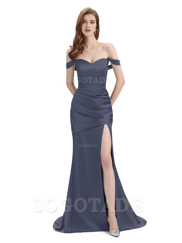 Sexy Soft Satin Side Hight Slit Off The Shoulder Floor-Length Mermaid Bridesmaid Dresses