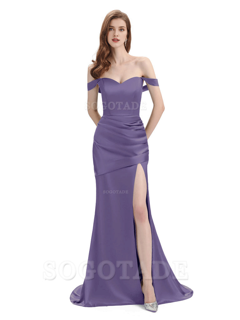 Sexy Soft Satin Side Hight Slit Off The Shoulder Floor-Length Mermaid Bridesmaid Dresses