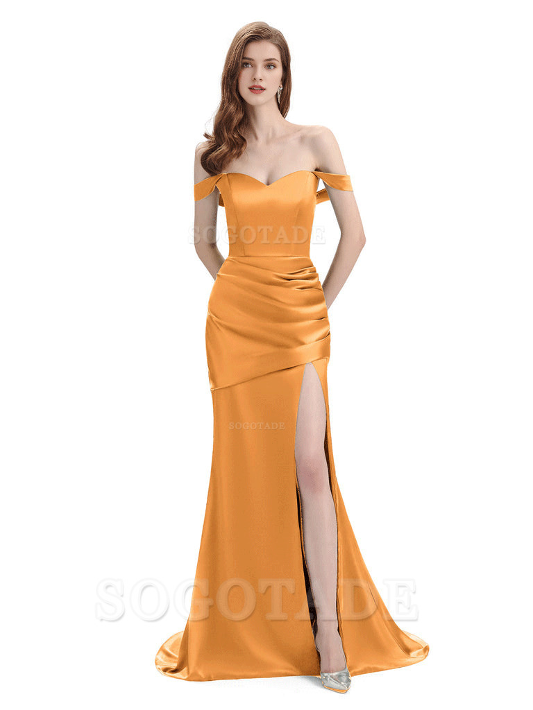 Sexy Soft Satin Side Hight Slit Off The Shoulder Floor-Length Mermaid Bridesmaid Dresses