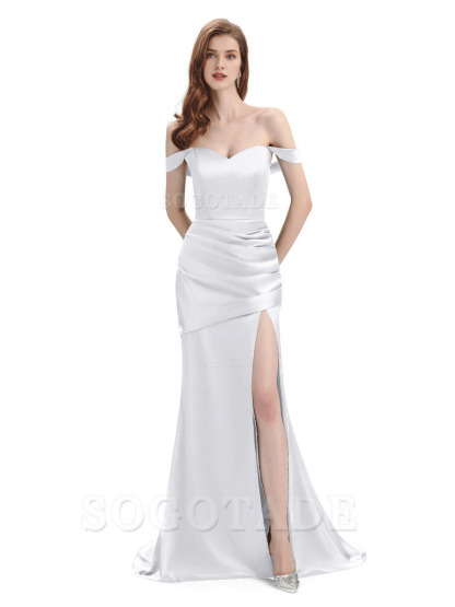 Sexy Soft Satin Side Hight Slit Off The Shoulder Floor-Length Mermaid Bridesmaid Dresses
