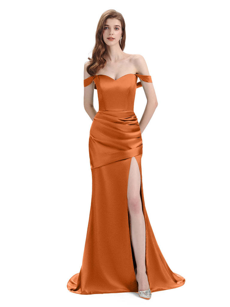 Sexy Soft Satin Side Hight Slit Off The Shoulder Floor-Length Mermaid Bridesmaid Dresses