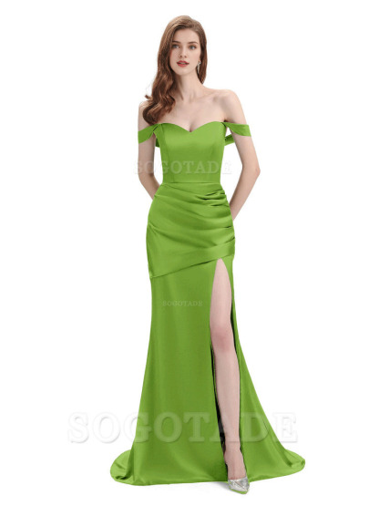 Sexy Soft Satin Side Hight Slit Off The Shoulder Floor-Length Mermaid Bridesmaid Dresses